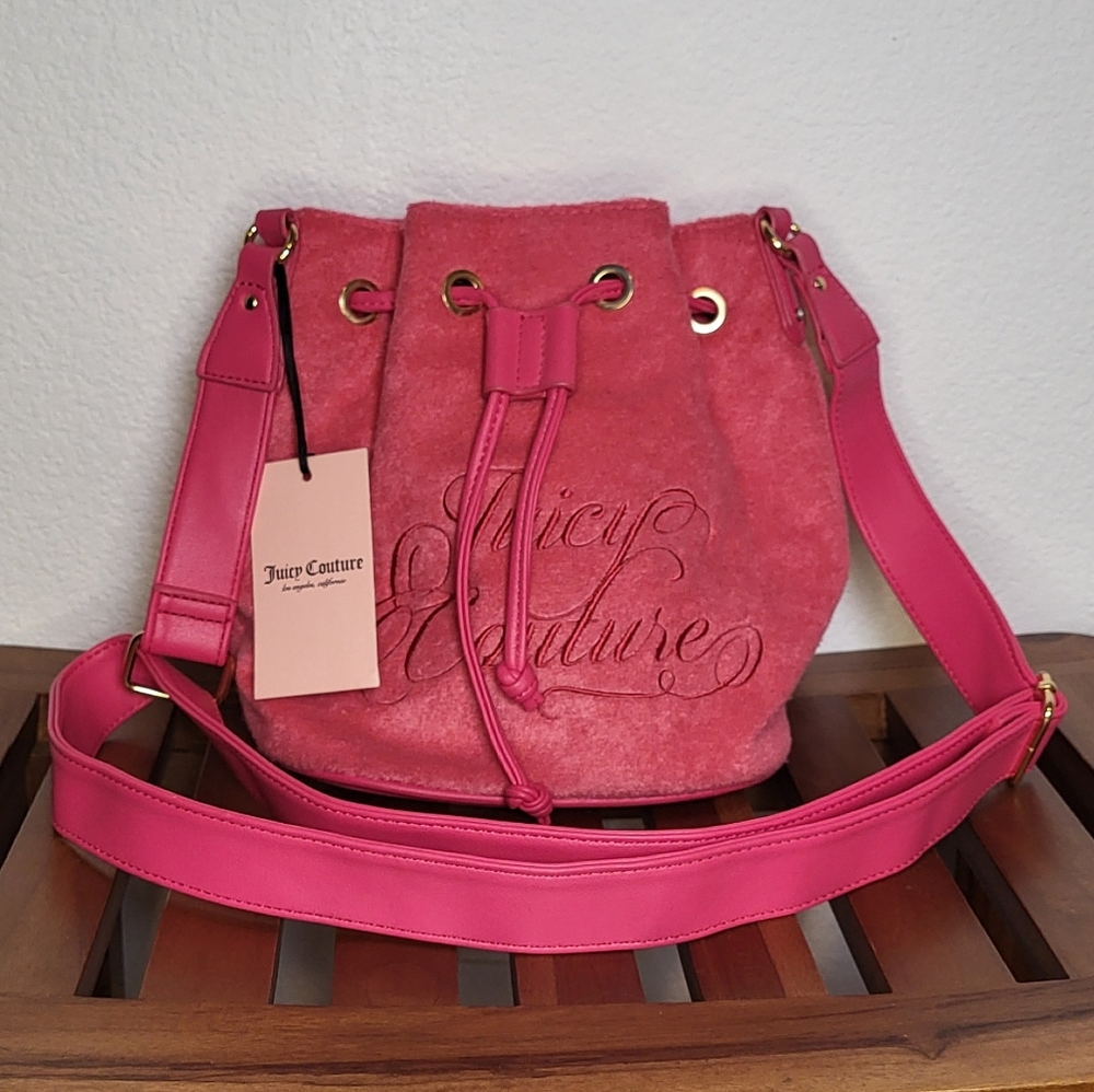 NWT Juicy Couture Beach Couture Crossbody Terry Cloth Pink Flash Bucket Bag